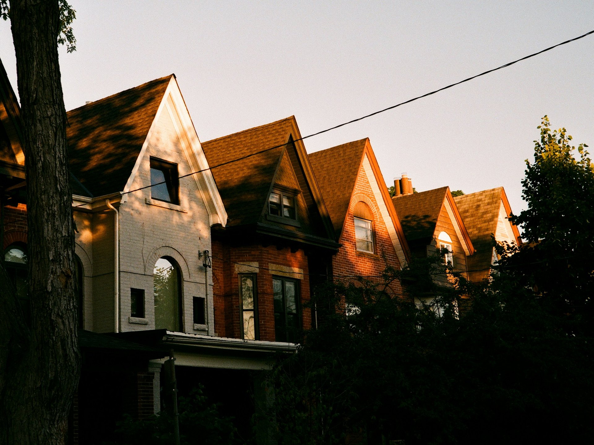 Row of brick houses with steep gables lit by low evening sun, seen from below through trees