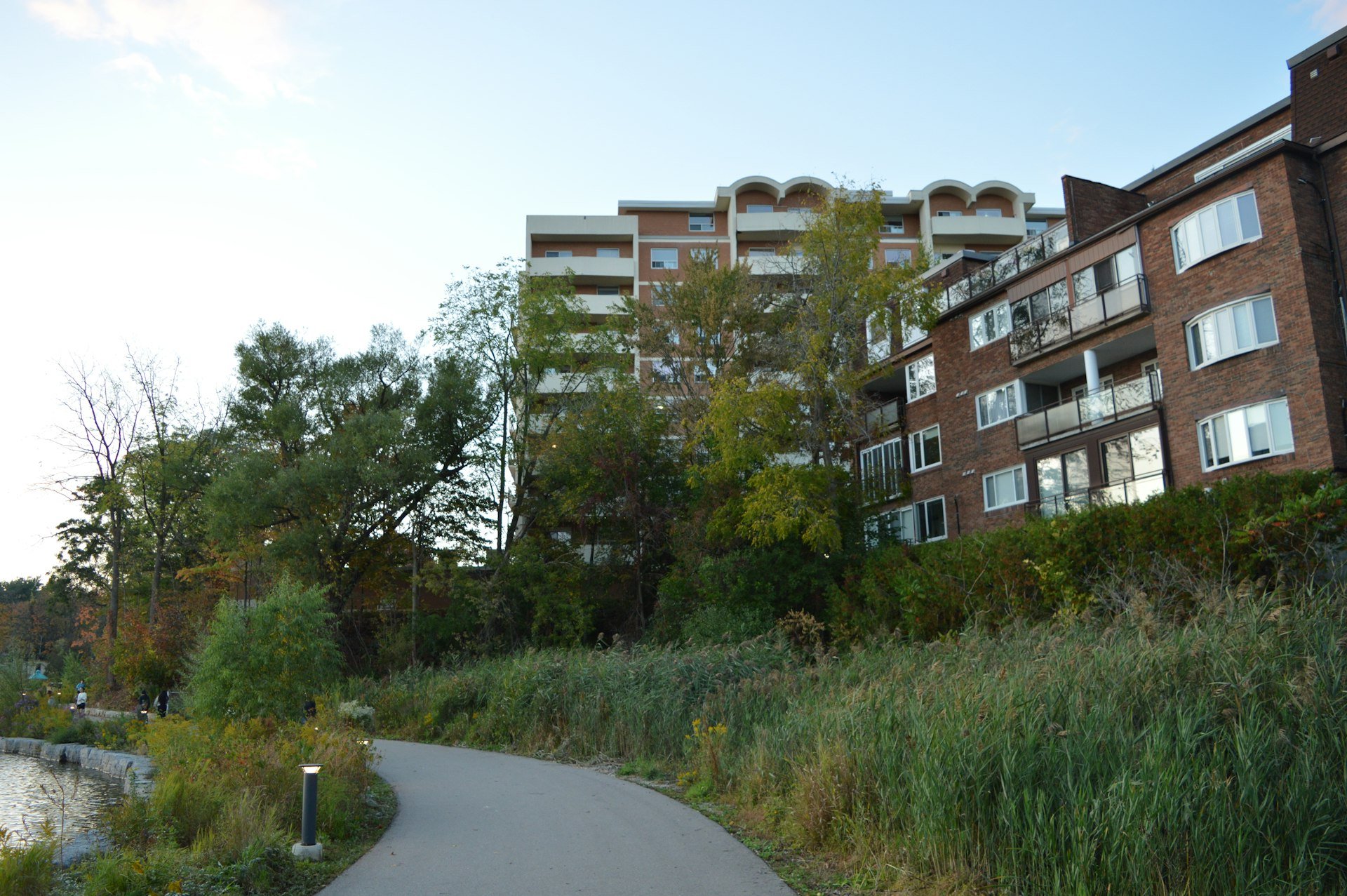 Brick apartment building with balconies on a rise above a trail and wetland edge